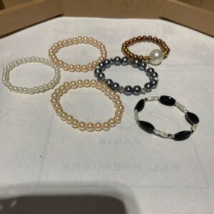 Elegant Imitation Pearl and Bead Stretchy Bracelet Bundle, 6 Bracelets.